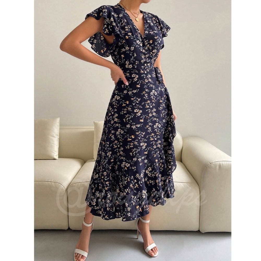 Boho Navy Blue Floral V neck Ruffle Hem Midi Length, A Line Wrap Style - Picture 7 of 10
